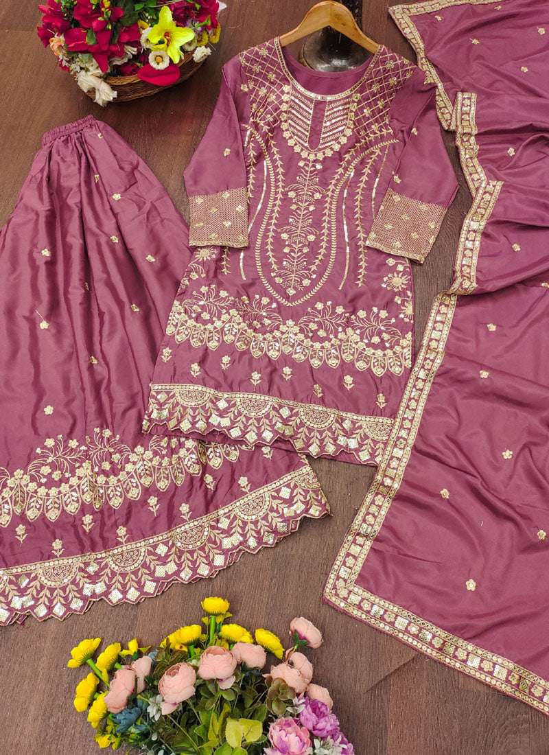 Prazu Fashion Onion Pink Crepe Silk Sequin Embroidered Sharara Suit - Distacart
