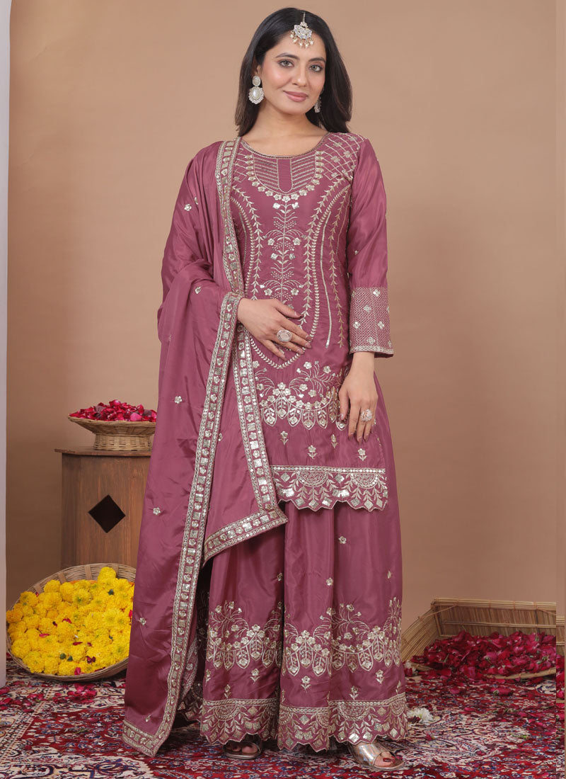 Prazu Fashion Onion Pink Crepe Silk Sequin Embroidered Sharara Suit - Distacart