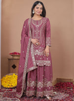 Thumbnail for Prazu Fashion Onion Pink Crepe Silk Sequin Embroidered Sharara Suit - Distacart