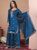 Thumbnail for Prazu Fashion Royal Blue Vichitra Silk Sequin Embroidered Sharara Suit - Distacart