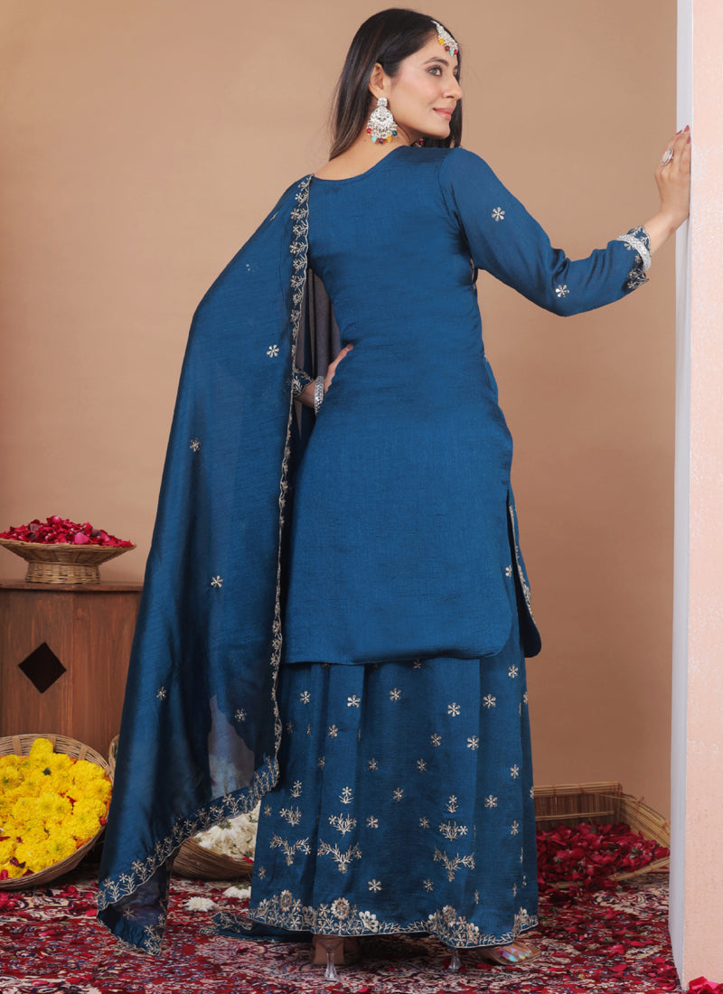 Prazu Fashion Royal Blue Vichitra Silk Sequin Embroidered Sharara Suit - Distacart