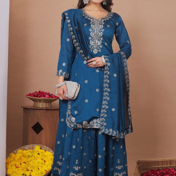 Prazu Fashion Royal Blue Vichitra Silk Sequin Embroidered Sharara Suit - Distacart