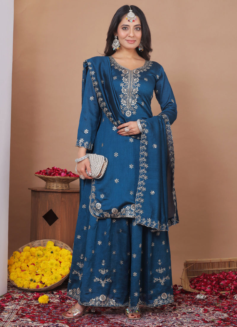 Prazu Fashion Royal Blue Vichitra Silk Sequin Embroidered Sharara Suit - Distacart