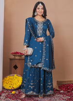 Thumbnail for Prazu Fashion Royal Blue Vichitra Silk Sequin Embroidered Sharara Suit - Distacart