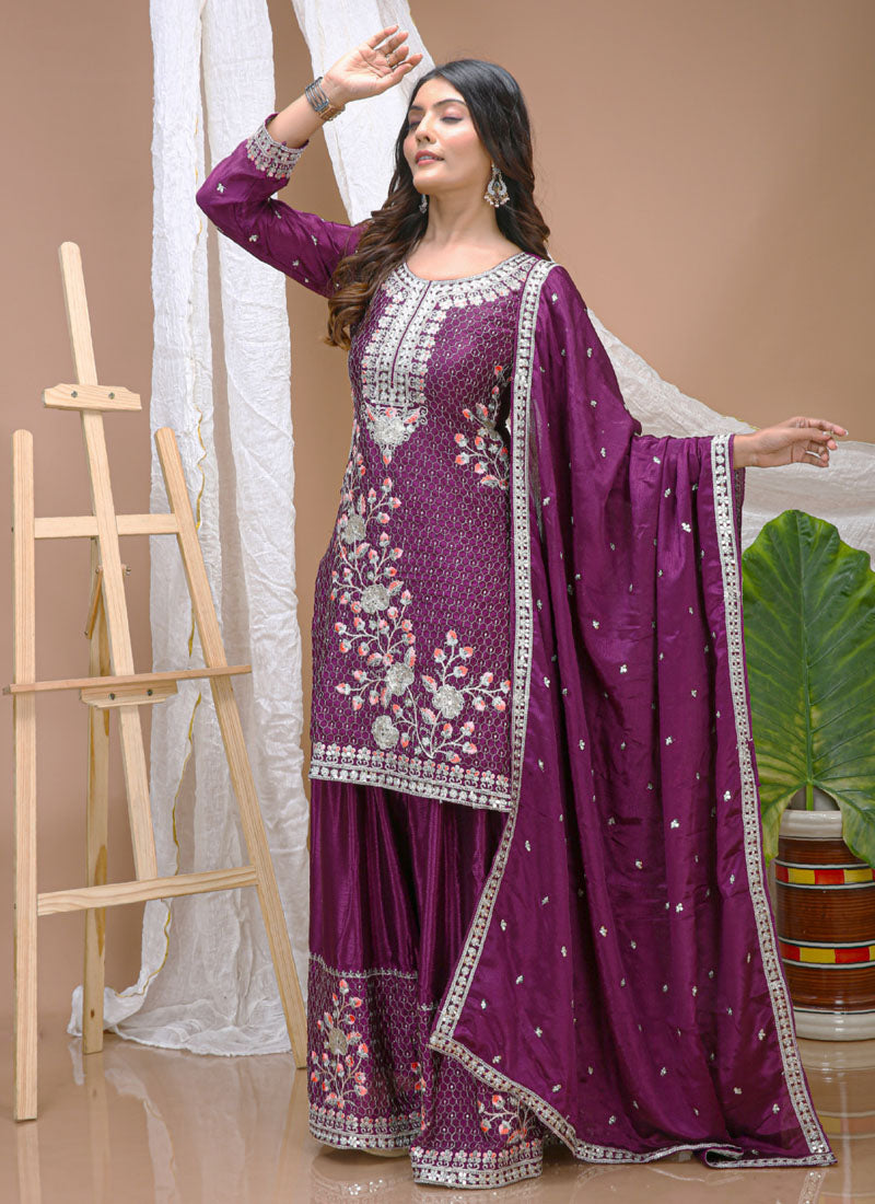 Prazu Fashion Violet Chinon Silk Sequin Embroidered Sharara Suit - Distacart