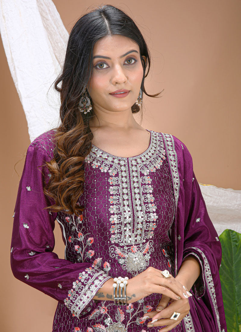 Prazu Fashion Violet Chinon Silk Sequin Embroidered Sharara Suit - Distacart