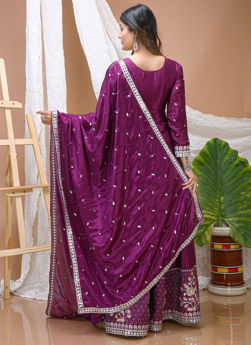 Prazu Fashion Violet Chinon Silk Sequin Embroidered Sharara Suit - Distacart