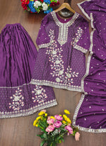 Thumbnail for Prazu Fashion Violet Chinon Silk Sequin Embroidered Sharara Suit - Distacart
