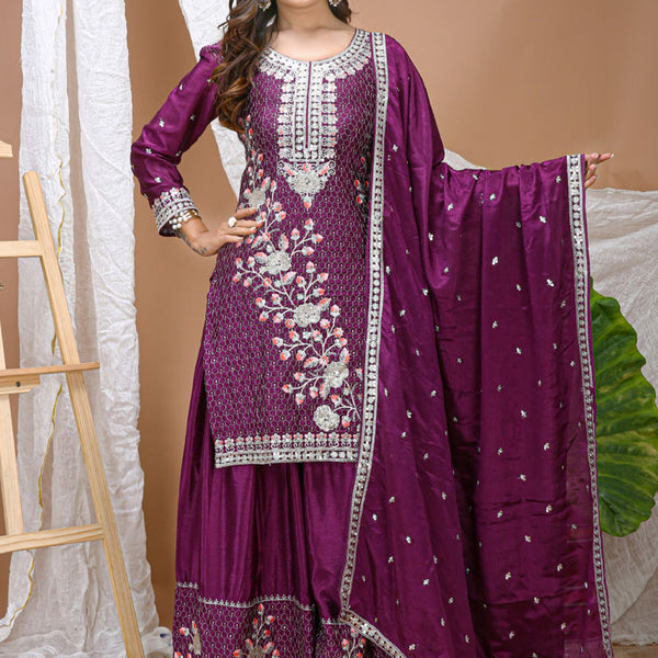 Prazu Fashion Violet Chinon Silk Sequin Embroidered Sharara Suit - Distacart