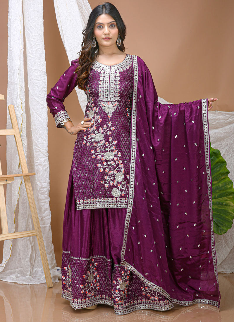Prazu Fashion Violet Chinon Silk Sequin Embroidered Sharara Suit - Distacart