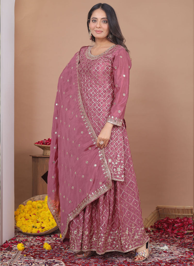 Prazu Fashion Onion Pink Chinon Silk Sequin Embroidered Sharara Suit - Distacart