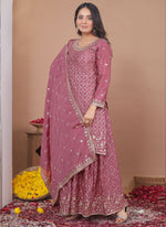 Thumbnail for Prazu Fashion Onion Pink Chinon Silk Sequin Embroidered Sharara Suit - Distacart
