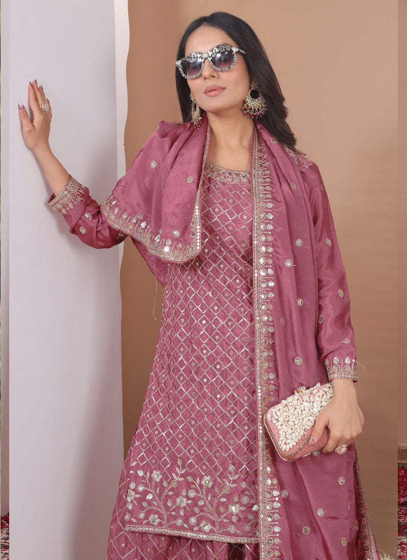 Prazu Fashion Onion Pink Chinon Silk Sequin Embroidered Sharara Suit - Distacart
