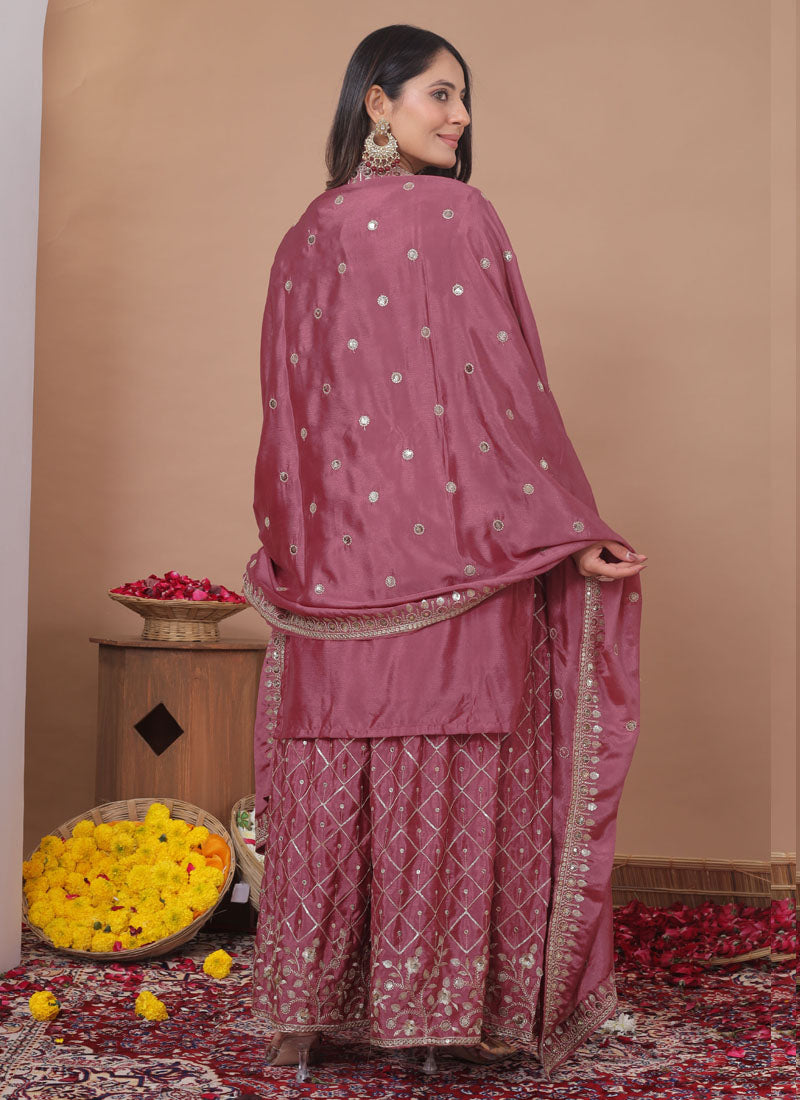 Prazu Fashion Onion Pink Chinon Silk Sequin Embroidered Sharara Suit - Distacart