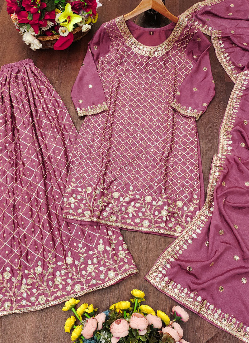 Prazu Fashion Onion Pink Chinon Silk Sequin Embroidered Sharara Suit - Distacart