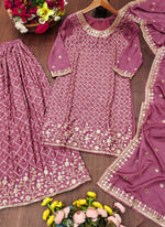 Thumbnail for Prazu Fashion Onion Pink Chinon Silk Sequin Embroidered Sharara Suit - Distacart