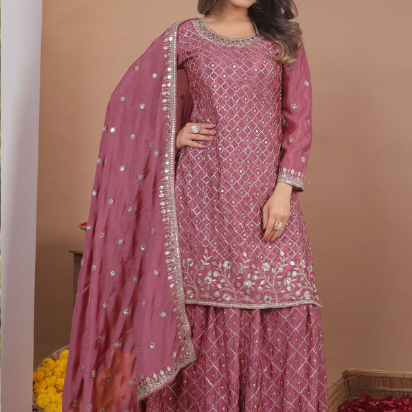 Prazu Fashion Onion Pink Chinon Silk Sequin Embroidered Sharara Suit - Distacart