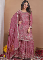 Thumbnail for Prazu Fashion Onion Pink Chinon Silk Sequin Embroidered Sharara Suit - Distacart