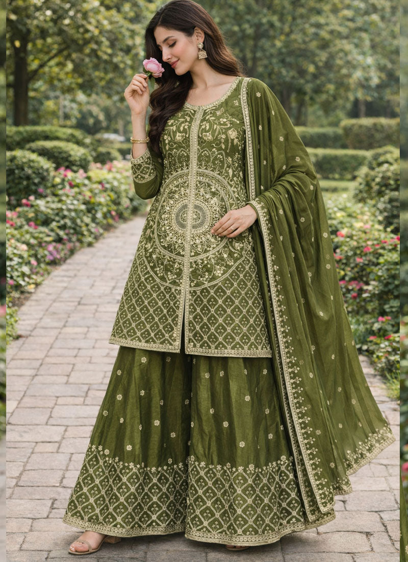 Prazu Fashion Mehendi Chinon Silk Sequin Embroidered Sharara Suit - Distacart
