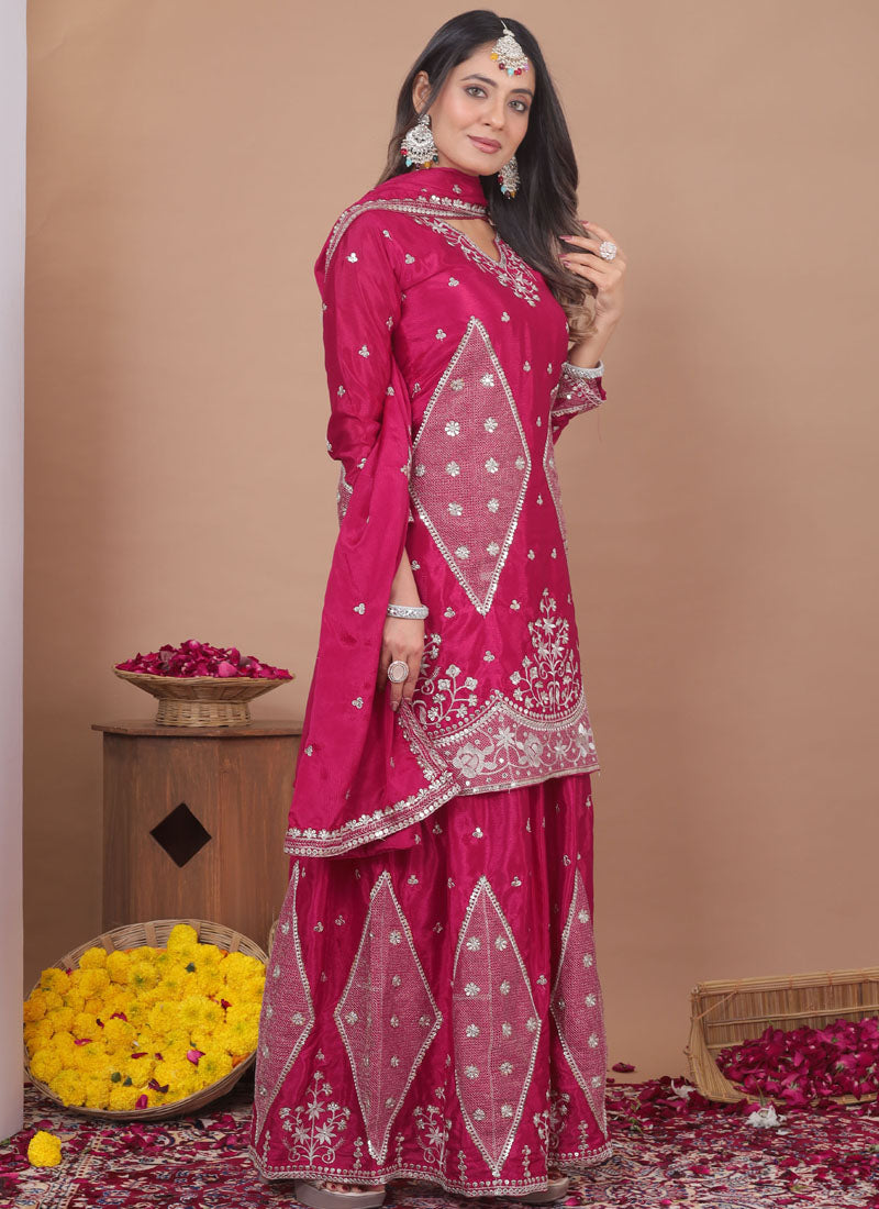 Prazu Fashion Pink Chinon Silk Sequin Embroidered Sharara Suit - Distacart