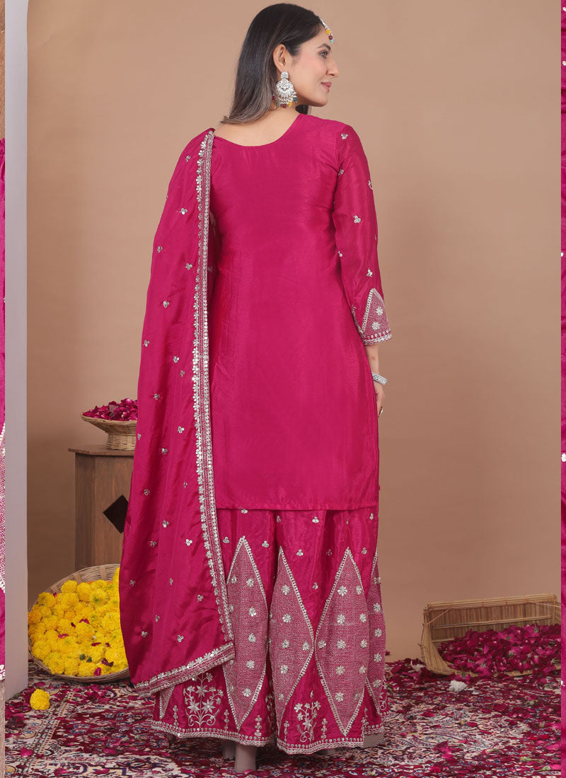 Prazu Fashion Pink Chinon Silk Sequin Embroidered Sharara Suit - Distacart