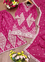 Thumbnail for Prazu Fashion Pink Chinon Silk Sequin Embroidered Sharara Suit - Distacart