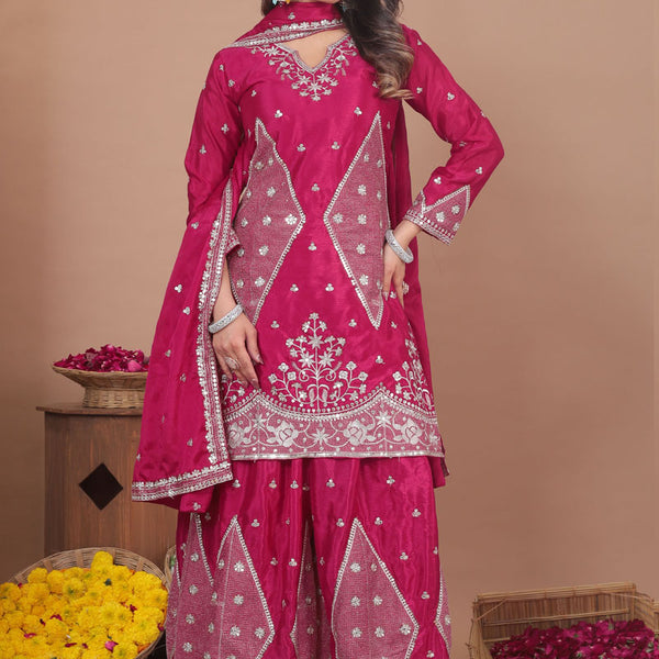 Prazu Fashion Pink Chinon Silk Sequin Embroidered Sharara Suit - Distacart