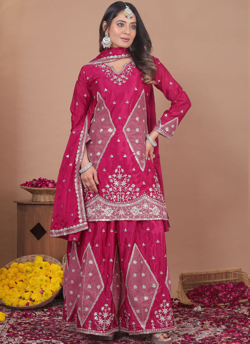 Prazu Fashion Pink Chinon Silk Sequin Embroidered Sharara Suit - Distacart