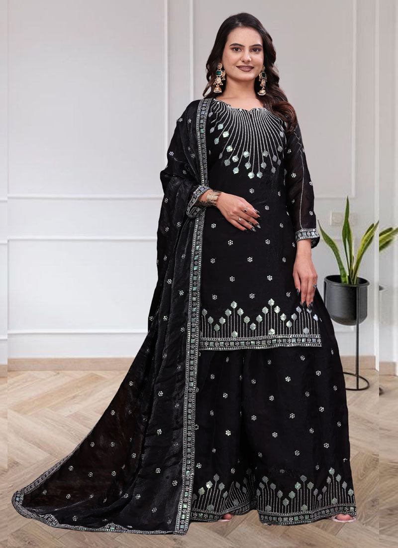 Prazu Fashion Black Chinon Silk Sequin Embroidered Sharara Suit - Distacart