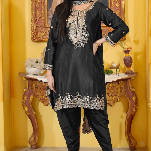 Teeya Creation Black Color Chinnon Silk Heavy Embroidery Work Fully Stitched Dhoti Suit - Distacart