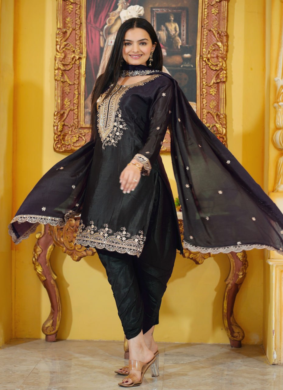 Teeya Creation Black Color Chinnon Silk Heavy Embroidery Work Fully Stitched Dhoti Suit - Distacart