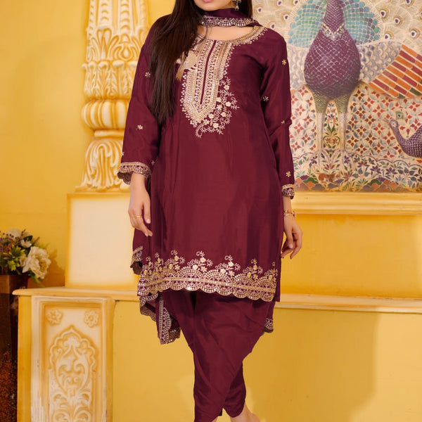 Teeya Creation Maroon Color Chinnon Silk Heavy Embroidery Work Fully Stitched Dhoti Suit - Distacart