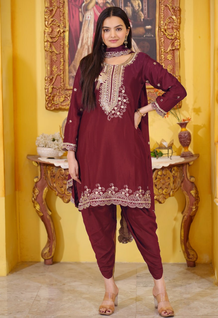 Teeya Creation Maroon Color Chinnon Silk Heavy Embroidery Work Fully Stitched Dhoti Suit - Distacart