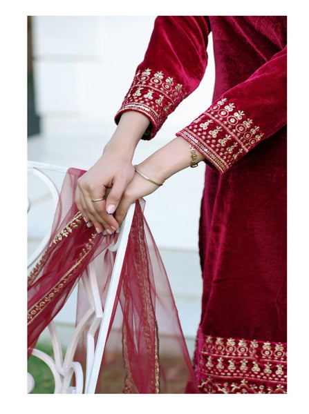 Teeya Creation Red Color Viscose Velvet Heavy Embroidery Work Fully Stitched Salwar Suit - Distacart