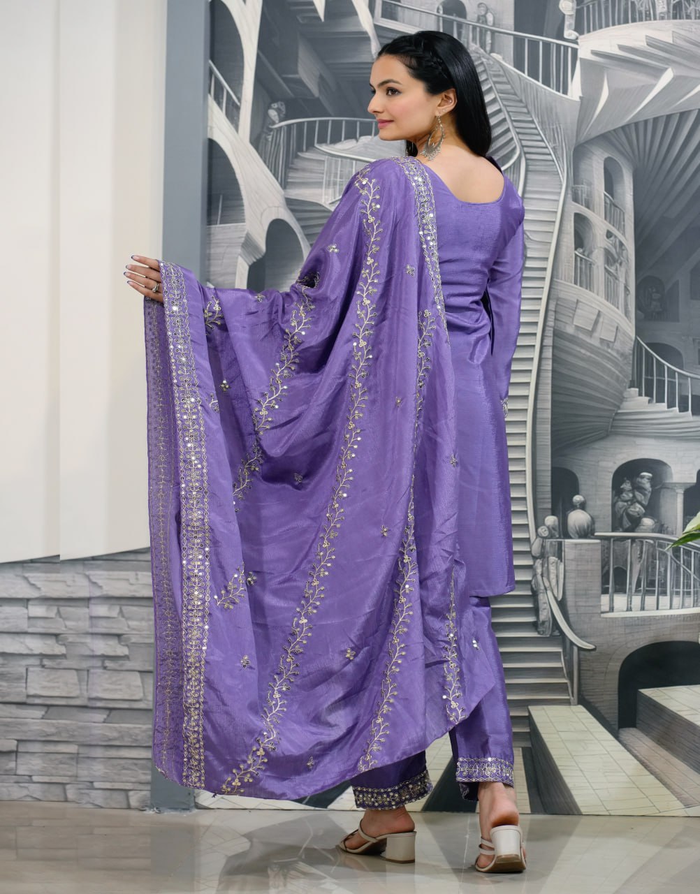 Teeya Creation Lavender Color Chinnon Silk Heavy Embroidery Work Fully Stitched Salwar Suit - Distacart