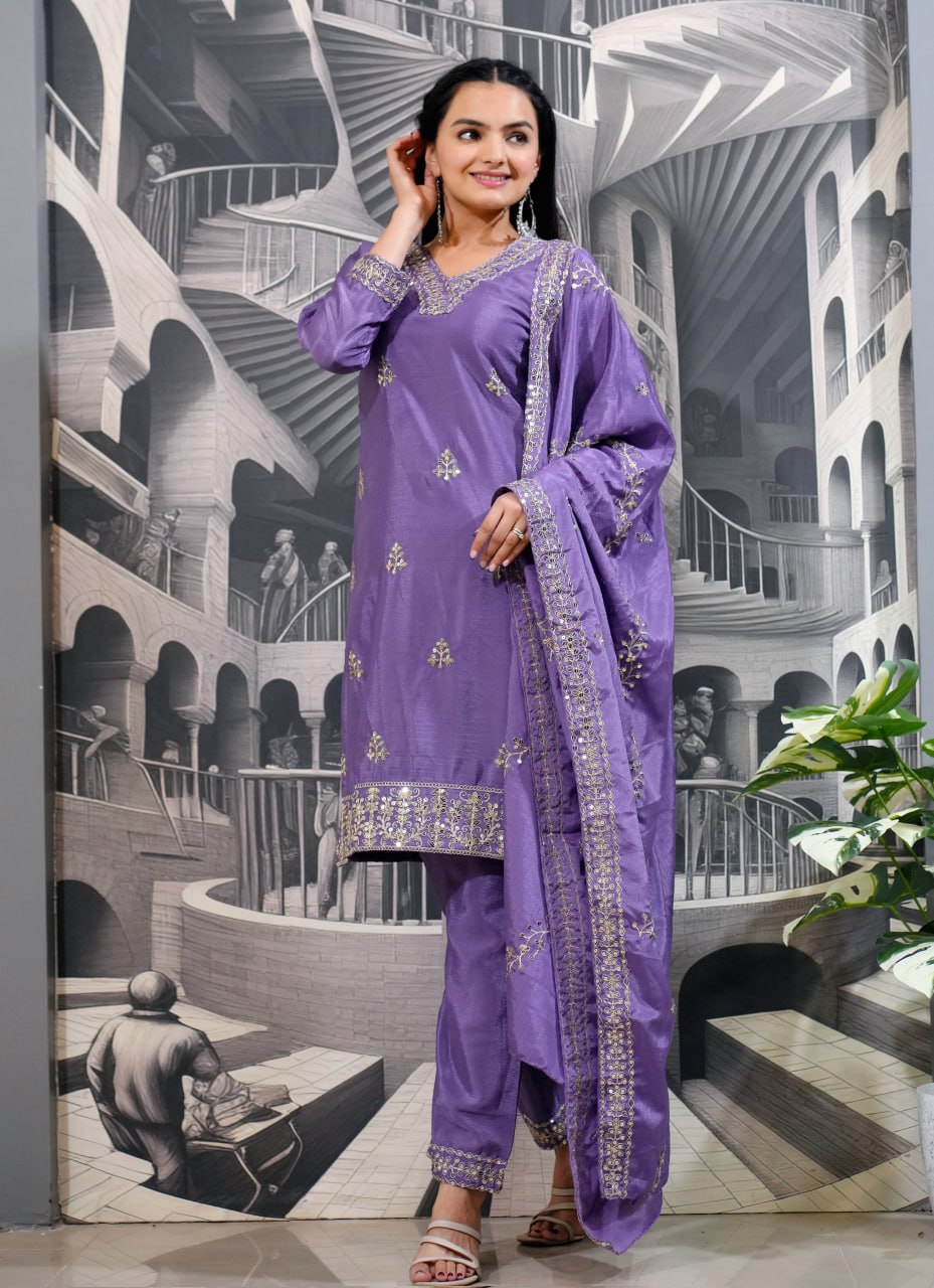 Teeya Creation Lavender Color Chinnon Silk Heavy Embroidery Work Fully Stitched Salwar Suit - Distacart