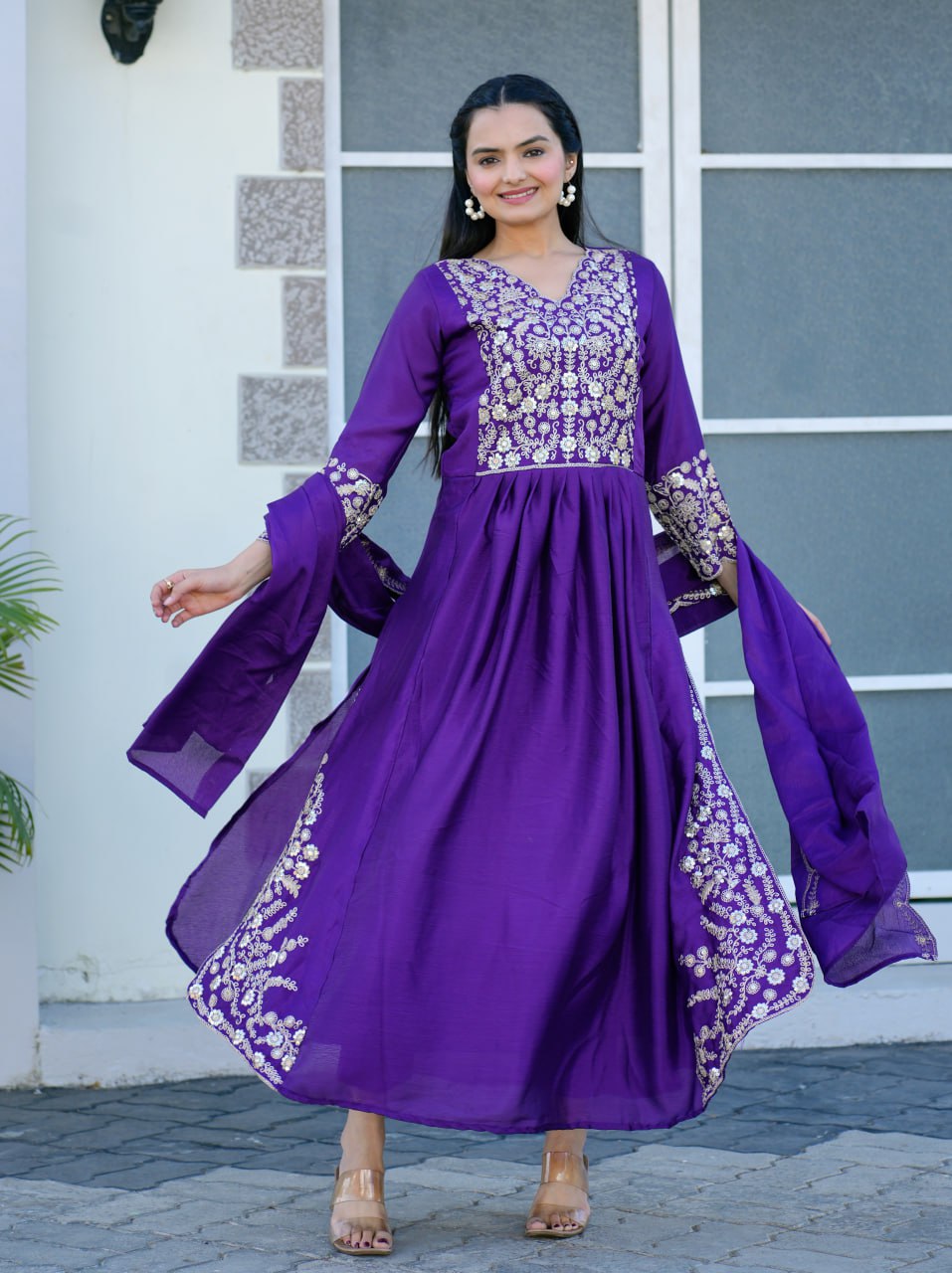 Teeya Creation Purple Color Chinnon Silk Heavy Embroidery Work Fully Stitched Salwar Suit - Distacart
