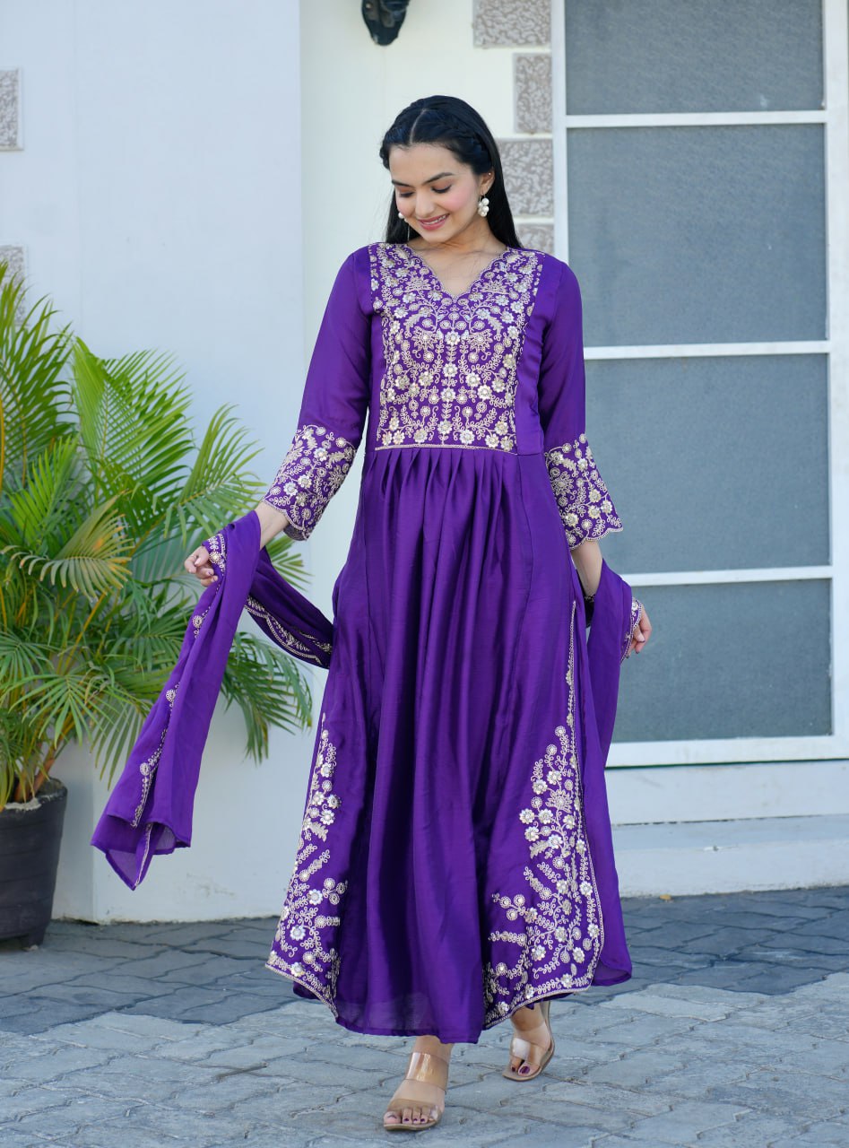 Teeya Creation Purple Color Chinnon Silk Heavy Embroidery Work Fully Stitched Salwar Suit - Distacart