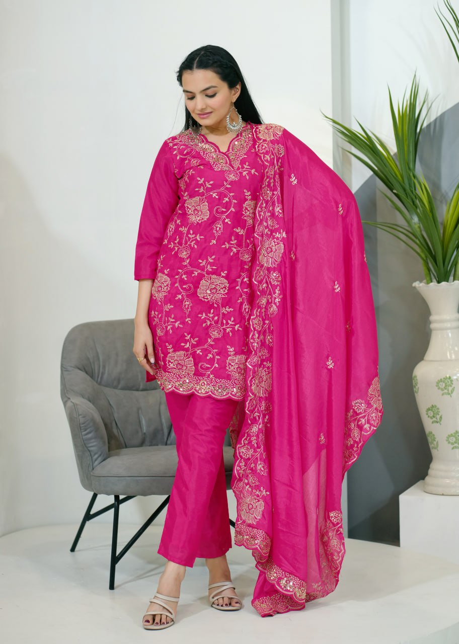 Teeya Creation Pink Color Chinnon Silk Heavy Embroidery Work Fully Stitched Salwar Suit - Distacart