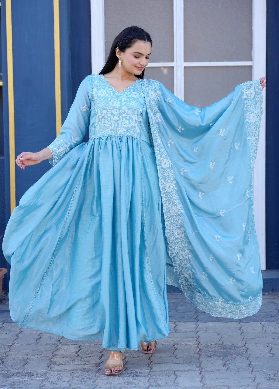 Teeya Creation Sky Blue Color Chinnon Silk Heavy Embroidery Work Fully Stitched Salwar Suit - Distacart