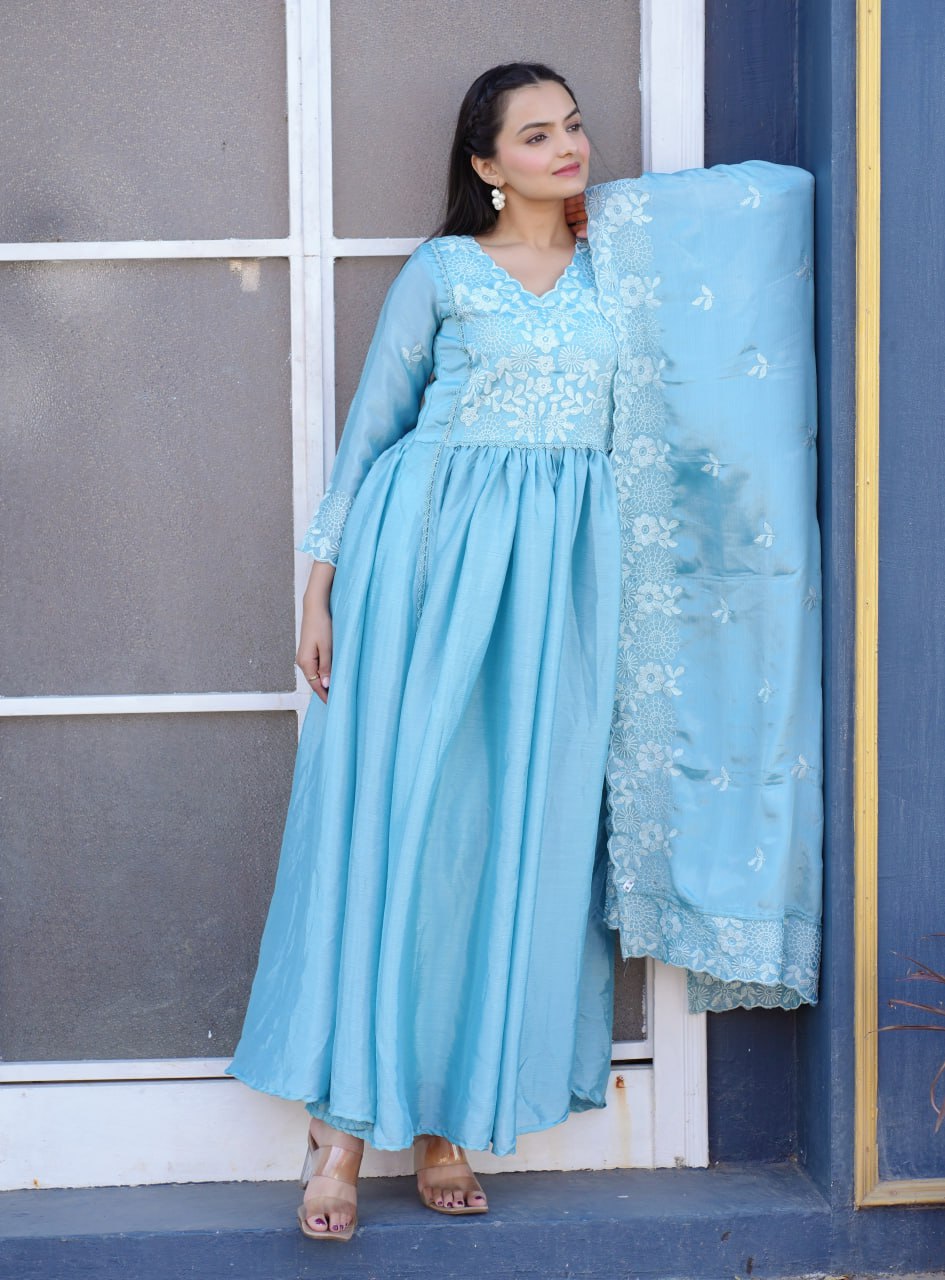 Teeya Creation Sky Blue Color Chinnon Silk Heavy Embroidery Work Fully Stitched Salwar Suit - Distacart