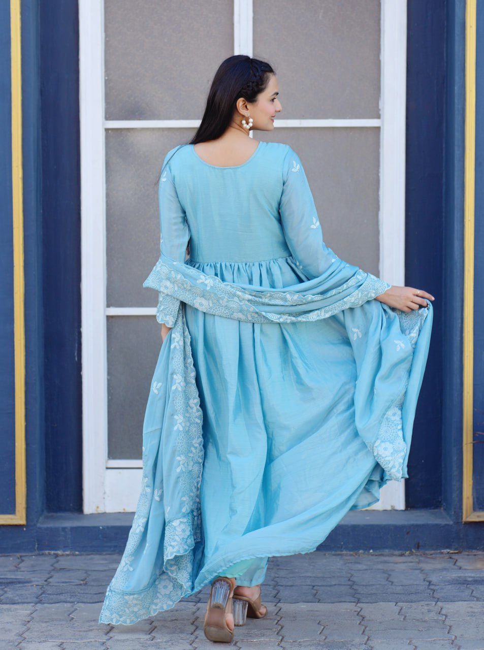 Teeya Creation Sky Blue Color Chinnon Silk Heavy Embroidery Work Fully Stitched Salwar Suit - Distacart