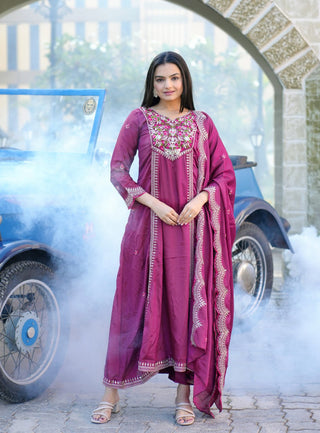 Teeya Creation Wine Color Chinnon Silk Heavy Embroidery Work Fully Stitched Salwar Suit - Distacart