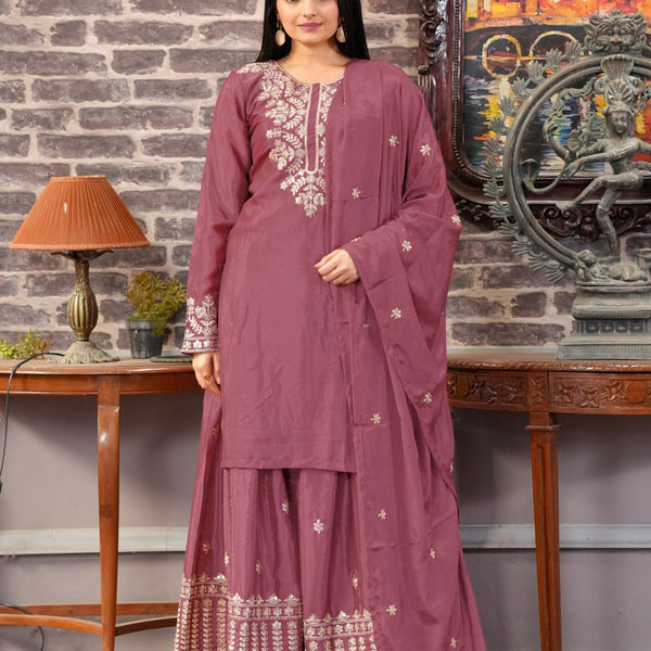 Teeya Creation Rosewood Color Chinnon Silk Heavy Embroidery Work Fully Stitched Sharara Suit - Distacart