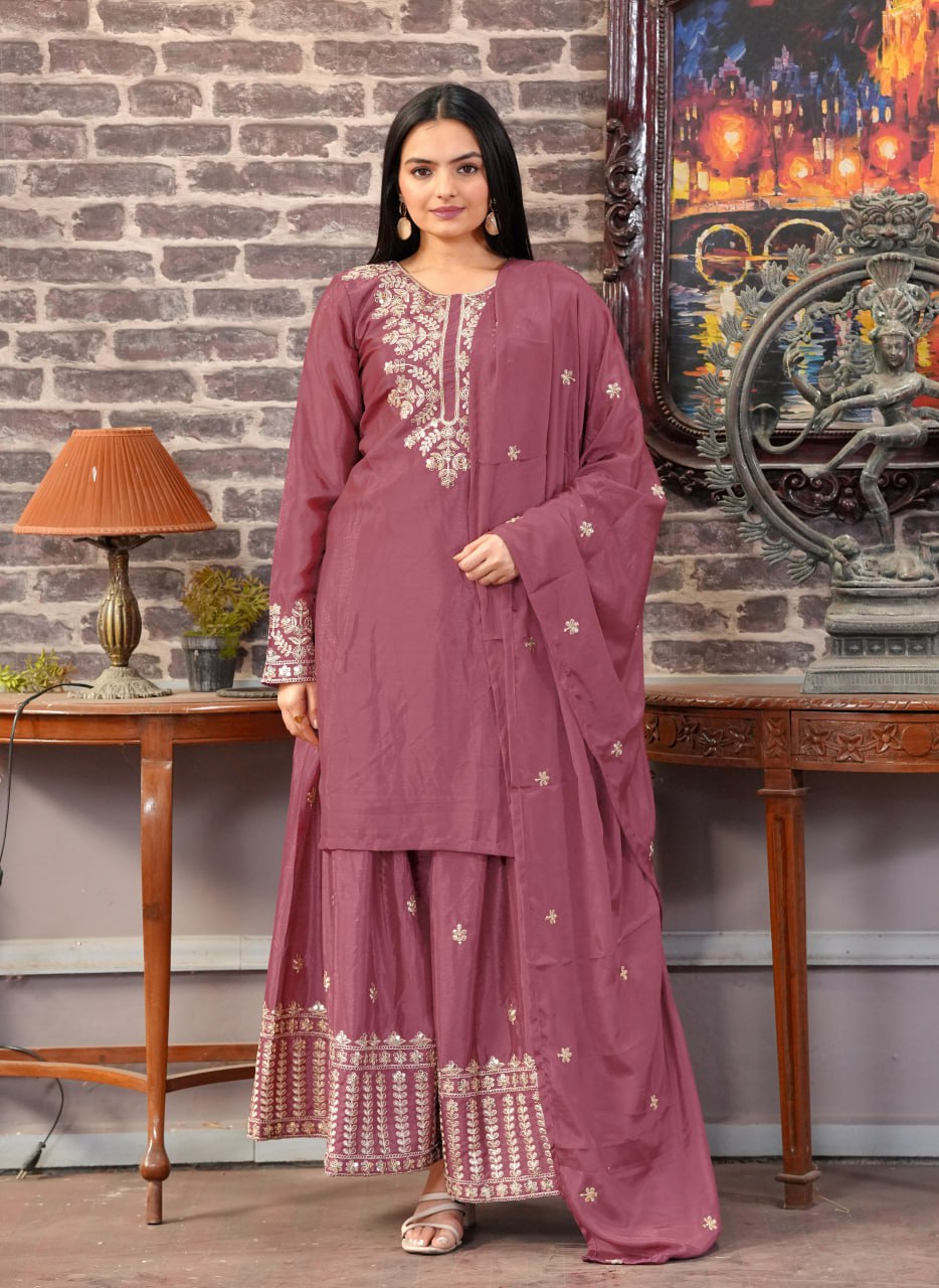 Teeya Creation Rosewood Color Chinnon Silk Heavy Embroidery Work Fully Stitched Sharara Suit - Distacart