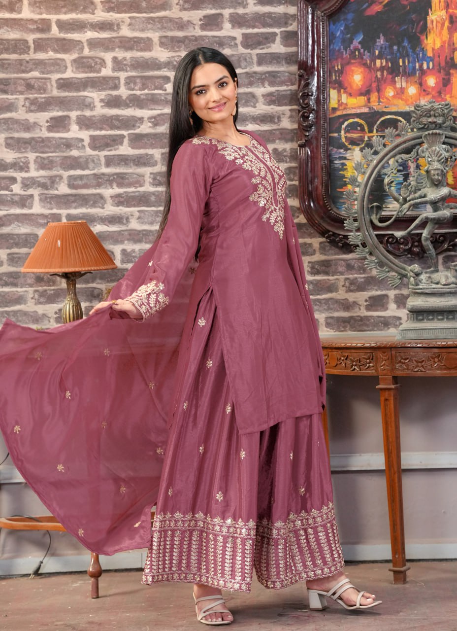 Teeya Creation Rosewood Color Chinnon Silk Heavy Embroidery Work Fully Stitched Sharara Suit - Distacart