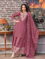 Thumbnail for Teeya Creation Rosewood Color Chinnon Silk Heavy Embroidery Work Fully Stitched Sharara Suit - Distacart