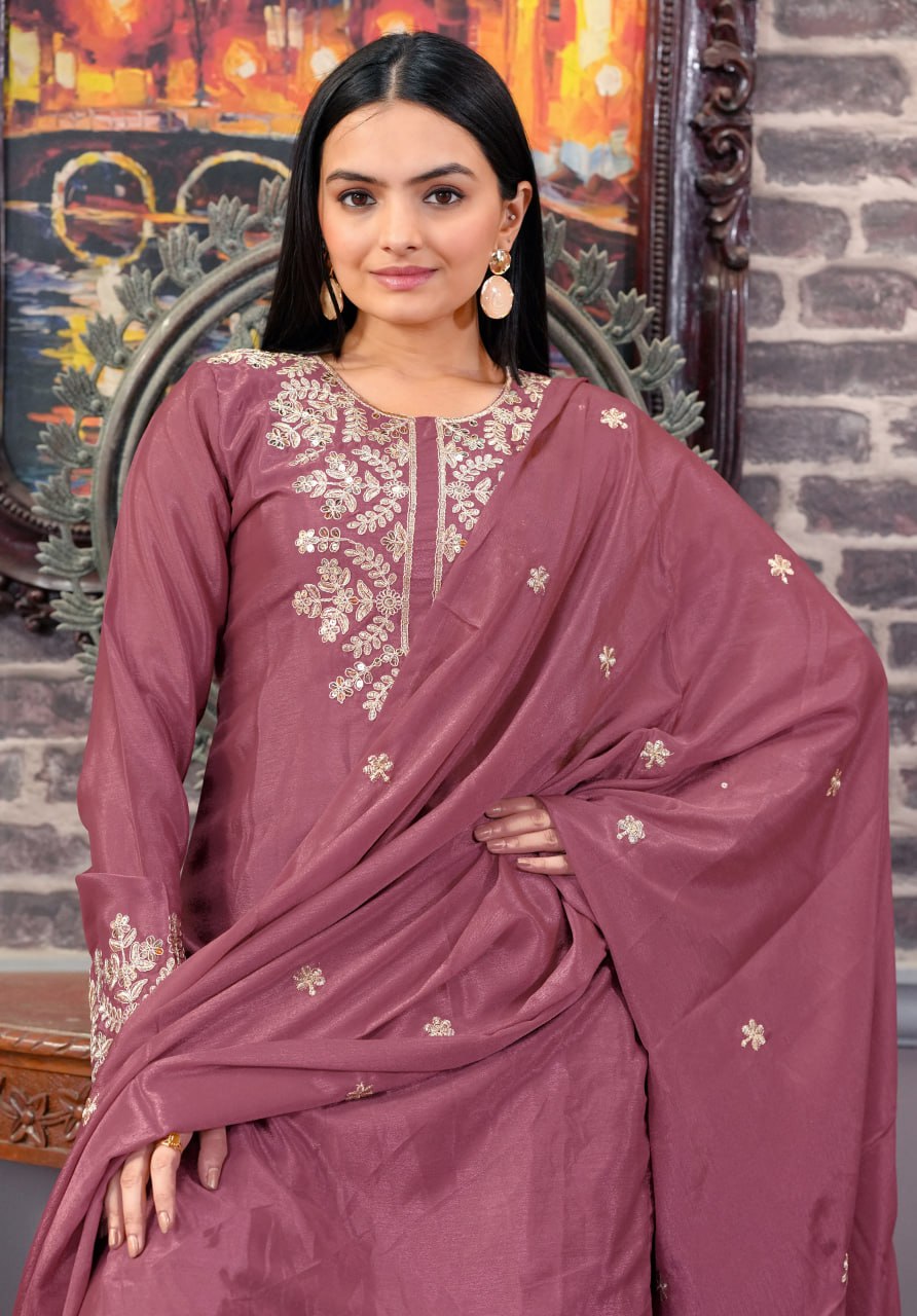 Teeya Creation Rosewood Color Chinnon Silk Heavy Embroidery Work Fully Stitched Sharara Suit - Distacart