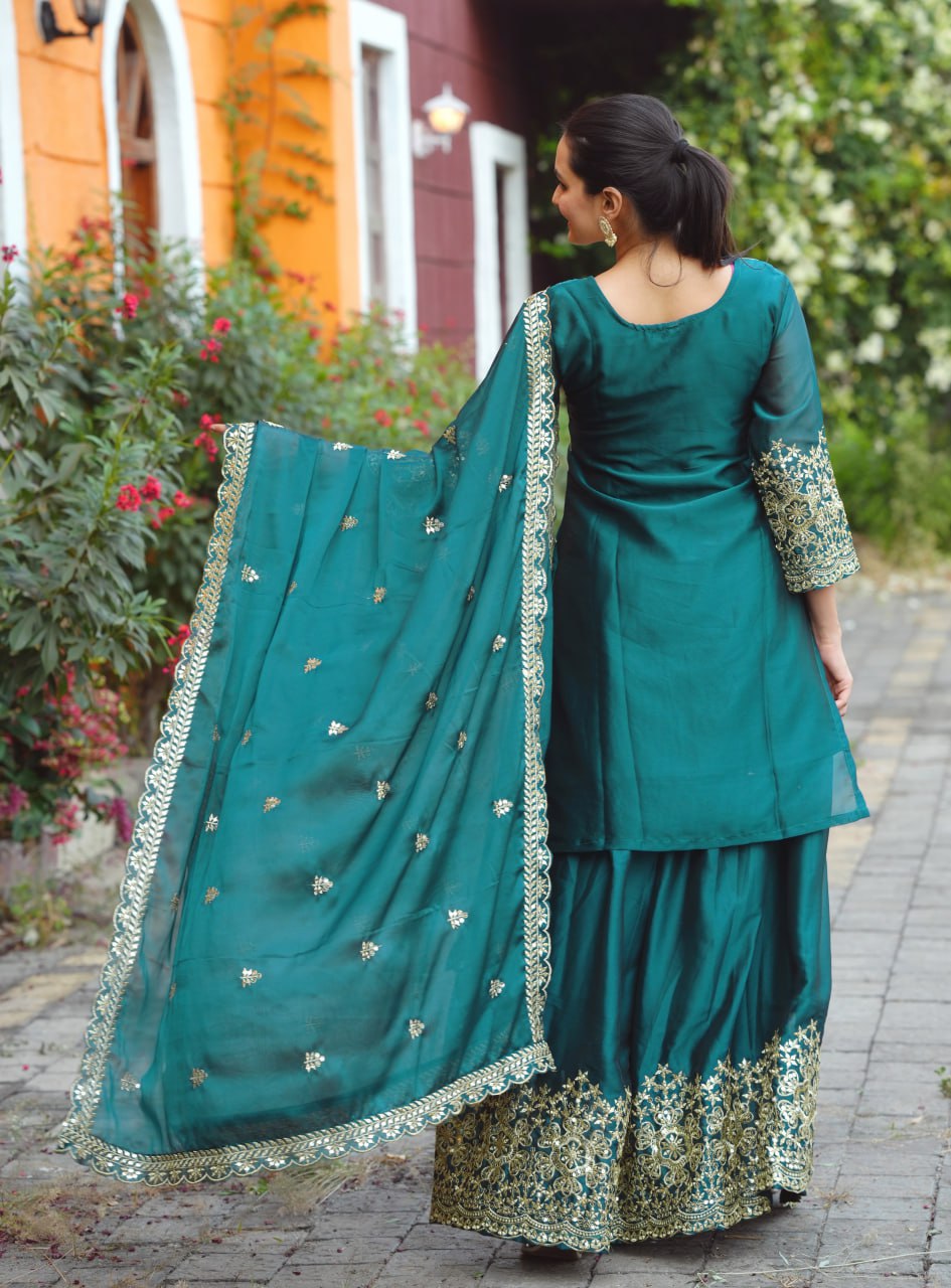 Teeya Creation Dark Teal Color Rangoli Silk Heavy Embroidery Work Fully Stitched Suit - Distacart