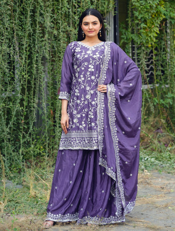 Teeya Creation Lavender Color Chinnon Silk Heavy Embroidery Work Fully Stitched Sharara Suit - Distacart